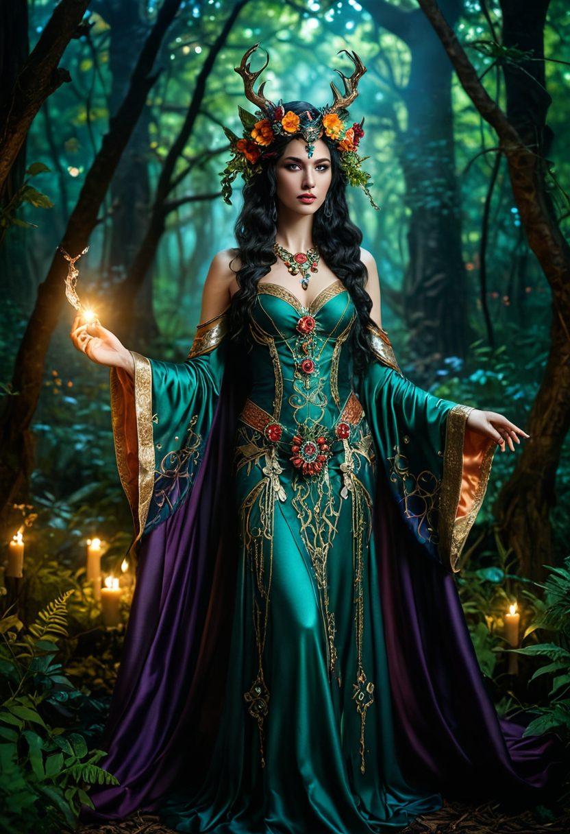 A captivating fantasy scene featuring a mystical forest where ethereal creatures showcase mature themes—an alluring sorceress, seductive mythical beings, and vibrant enchanted flora. The atmosphere should blend sensuality with magic, illuminated by soft glowing lights that enhance the enchanting vibe. Include intricate details in their expressions and attire to reflect the fusion of taboo and temptation. surrealism. rich colors. atmospheric lighting.