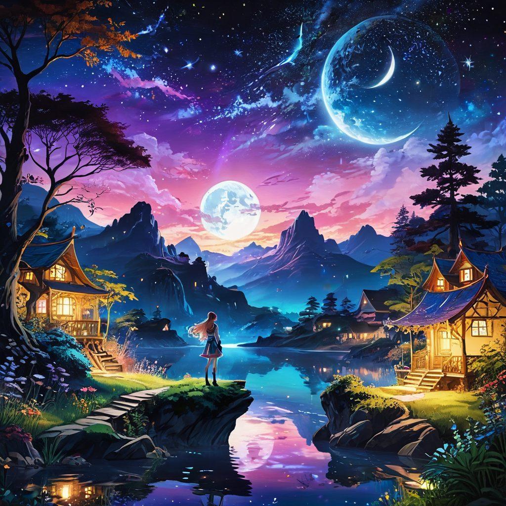 A captivating scene featuring a fantasy realm with intricate, surreal designs, showcasing diverse anime characters in whimsical poses. Incorporate lush landscapes with vivid colors, suggesting an alluring, dreamlike atmosphere. Include subtle elements of sensuality, such as playful interactions and enchanting backgrounds, to embody the essence of adult fantasy. Enrich the scene with a starry night sky and glowing magical elements. vibrant colors. digital painting. whimsical style.